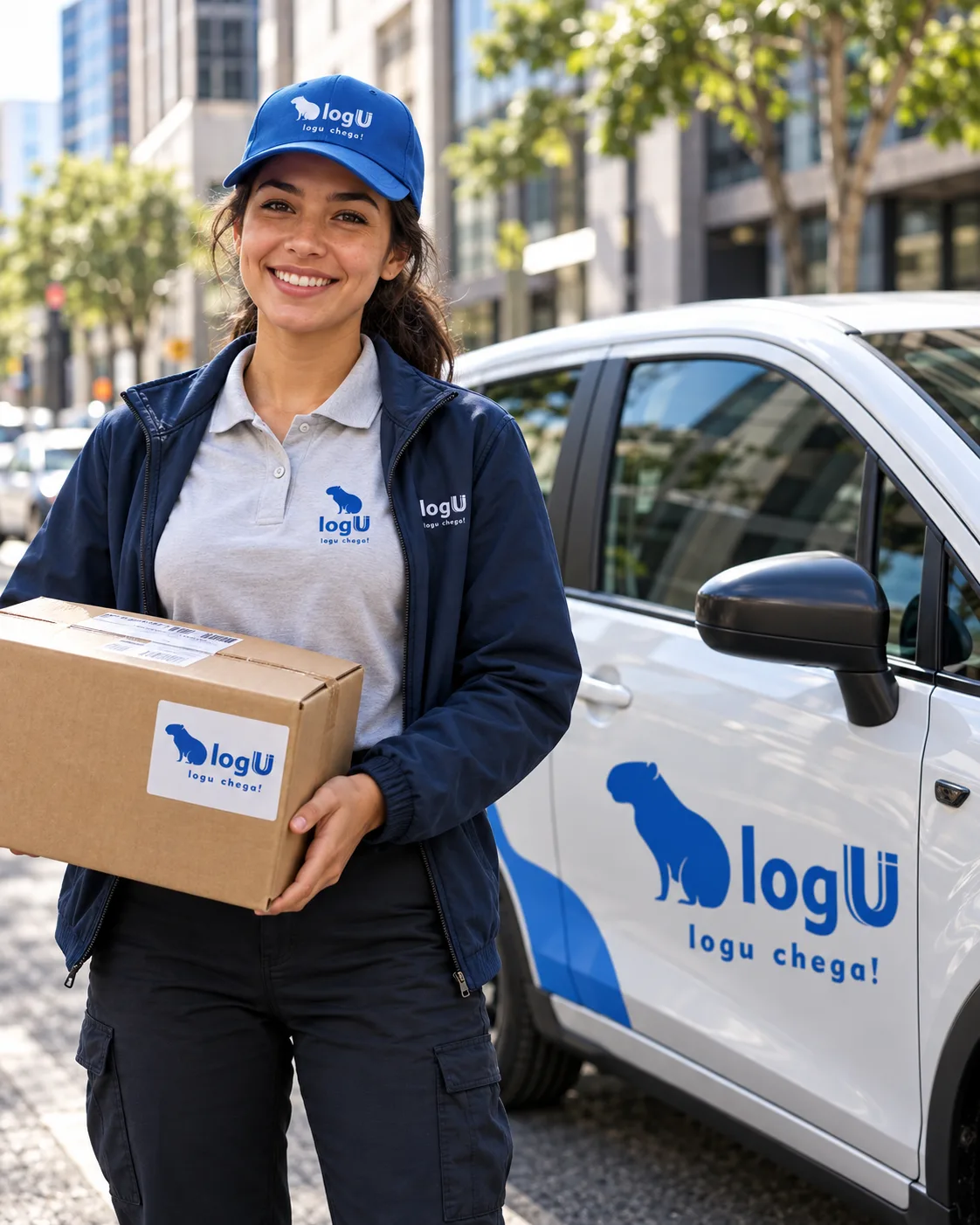 Entregadora da LOGU com o carro da empresa