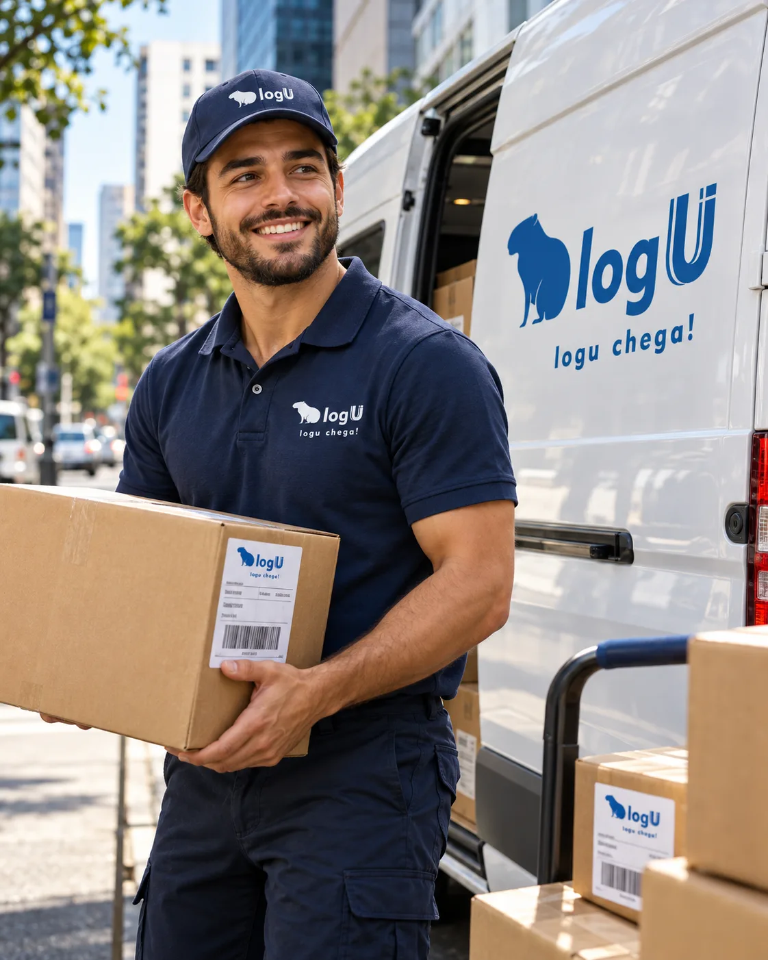 Entregador da LOGU carregando a van da empresa